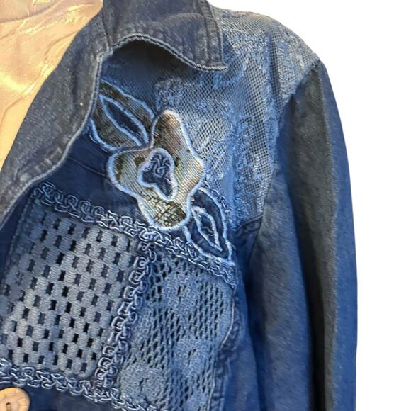 Vintage Styleworks Denim Duster Blue Embroidered Lace Long Jacket Sz 12 Boho - Picture 14 of 16